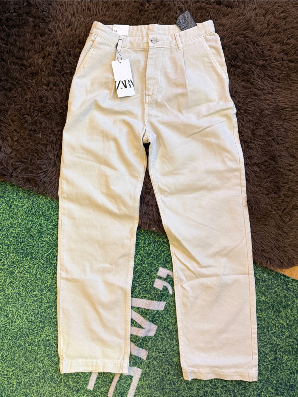 Zara Mens Relaxed Fit Twill Pants 30 Cream Ecru Straight Leg Trousers NWT